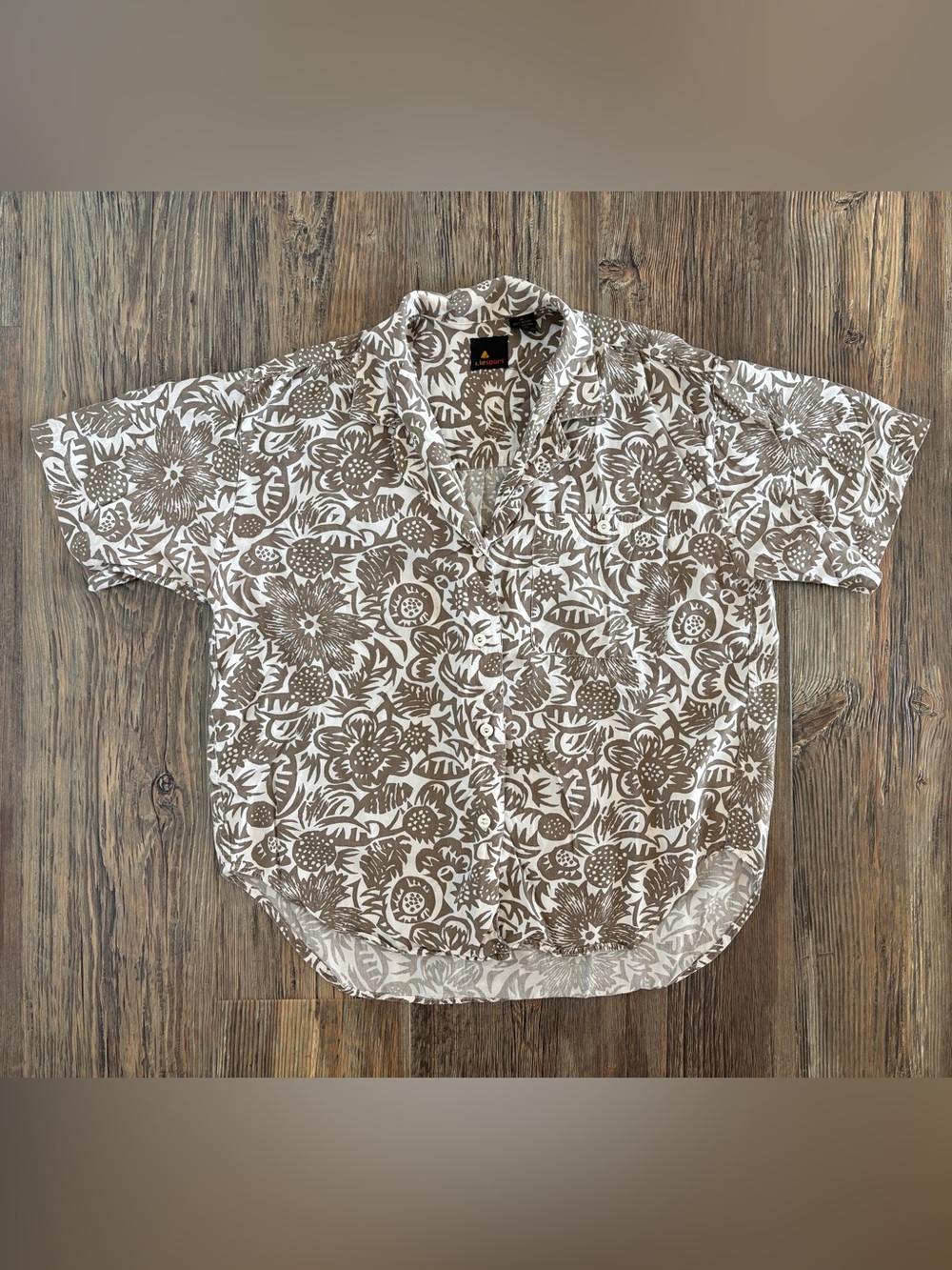 Vtg Liz Sport S/S Button-Up Camp Shirt Womens M Brown White Floral AOP 90s